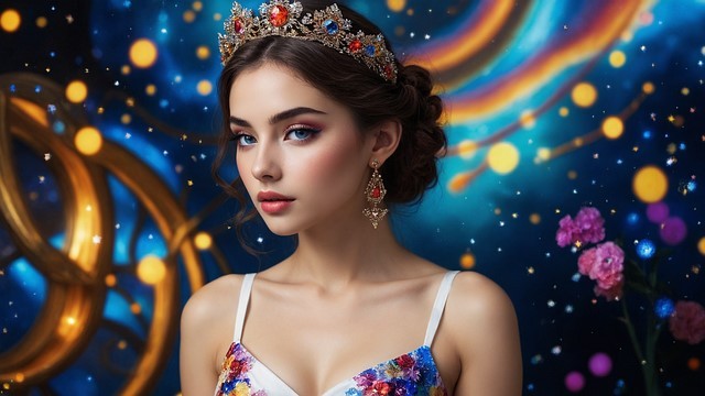 femeie care are multe bijuterii si arata ca o regina pe fundalul cerului cu planete