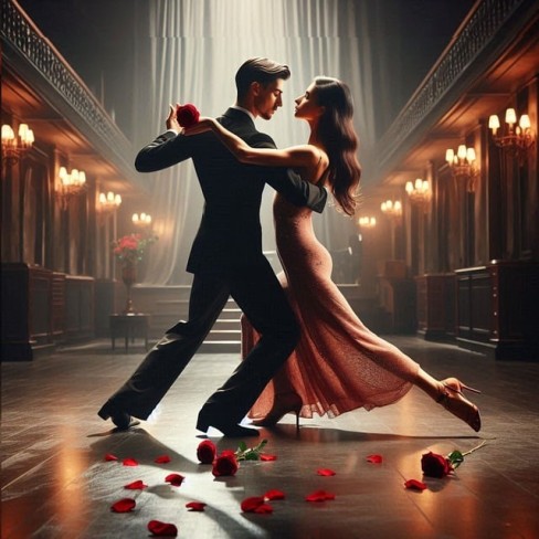 cuplu care danseaza vals intr-o sala cu podea lustruita si lumanari pe pereti
