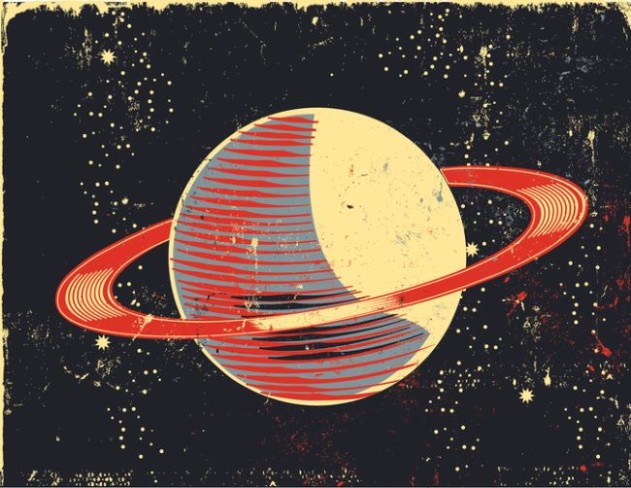 ilustratie retro cu planeta saturn desenata pe fundalul cerului cu stele