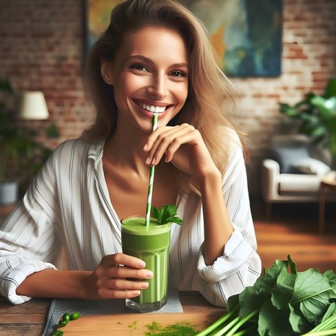 fata frumoasa care bea dintr-un suc verde si zambeste