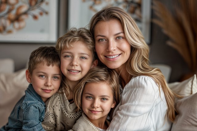 femeie blonda care tine langa ea mai mult copii care ii seamana