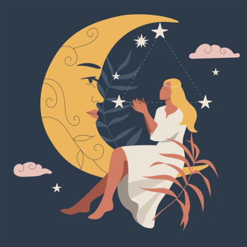 ilustratie cu fata in rochie alba care sta intr-o luna noua