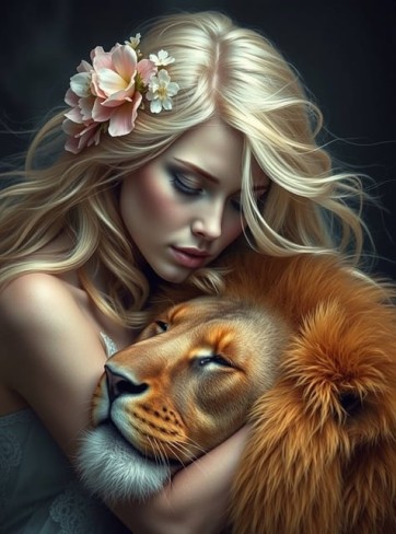 femeie blonda cu flori in par care tine in brate un leu