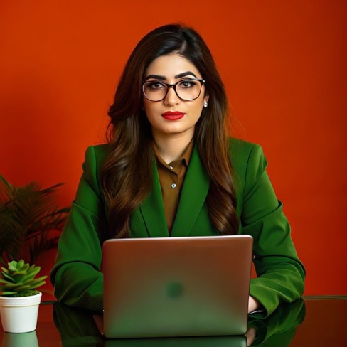 femeie in costum verde care lucreaza la un laptop cu un fundal rosu in spate