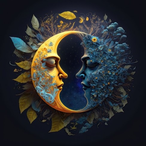 luna impartita in doua, o parte luna noua aurie si una albastra