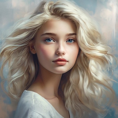 fata frumoasa cu ochi albastri si par blond in bluza alba