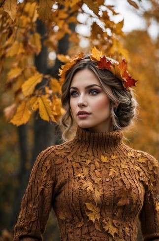 femeie blonda cu coroana de frunze de toamna si imbracata in pulover