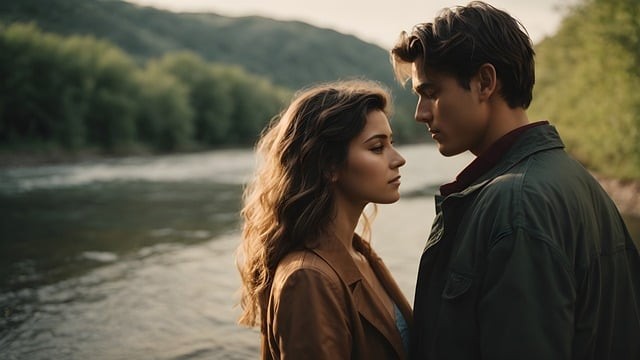 fata si baiat care stau distantati unul de celalalt cu fundalul unui lac cu munti