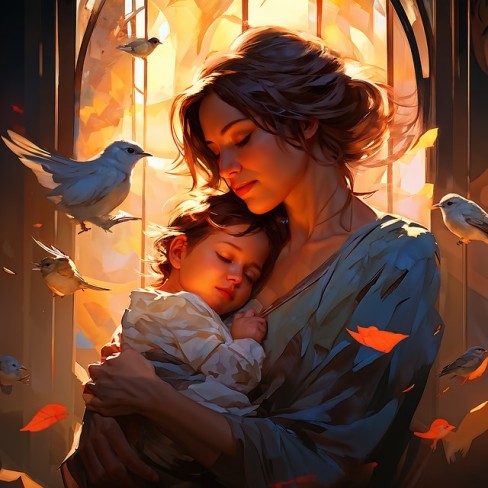 mama care tine un copil in brate intr-un ambient cu pasari