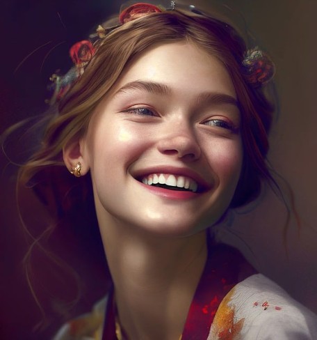 adolescenta imbujorata care zambeste catre cadru cu coronita de flori in par