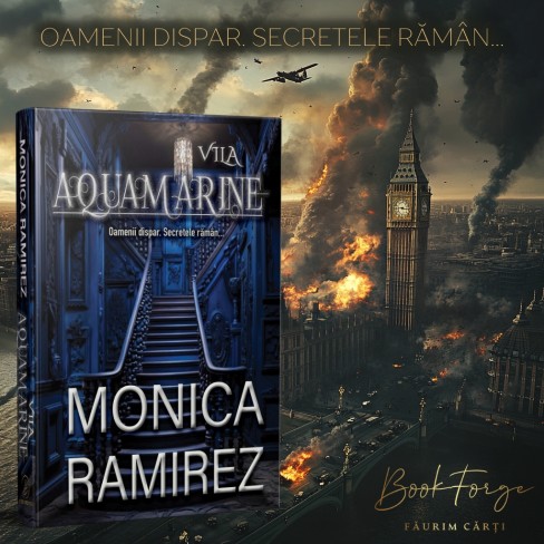 imagine cu cartea vila aquamarine de monica ramirez suprapusa peste o imagine cu londra in timpul atacurilor germane