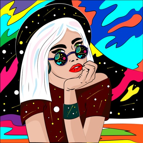 ilustratie colorata cu fata care are ochelari de soare si care are desenate planete in spatele ei