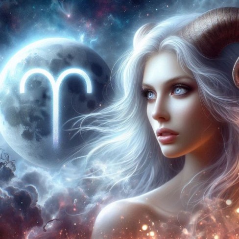 fata blonda si frumoasa aflata langa o luna pe care se afla semnul berbecului