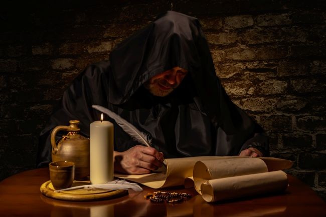 calugar care scrie pe pergamente pe o masa medievala intunecata
