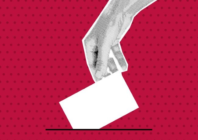 ilustratie cu mana care depunde un vot in urne pe un fundal rosu