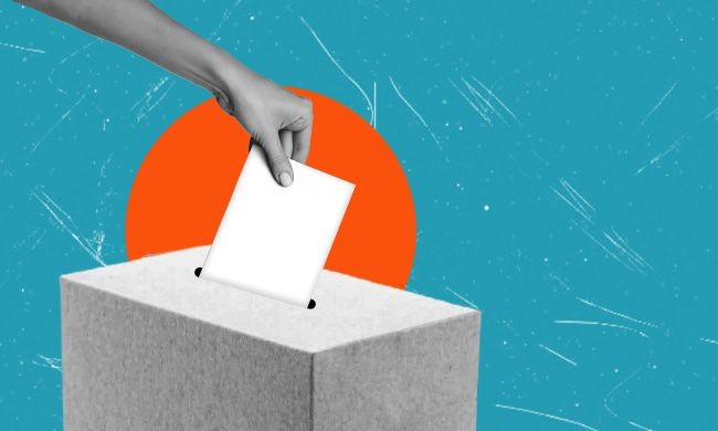 ilustratie cu un vot in urne plasat pe un fundal albastru