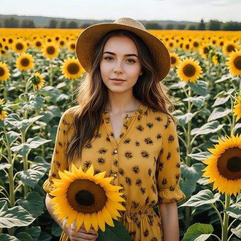 fata frumoasa cu palarie in rochie cu model care sta intr-un camp de flori
