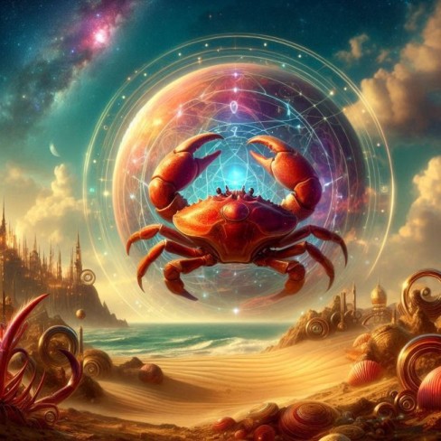 vizual realizat de AI cu planeta Jupiter intr-un decor galactic si simbol al Racului