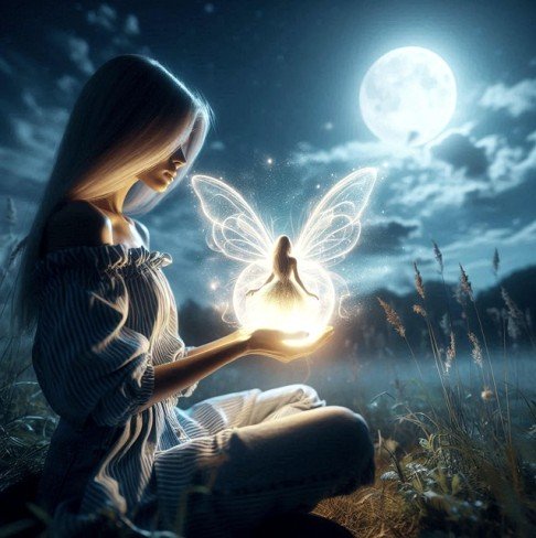 imagine fantasy cu fata frumoasa care tine intr-o mana o bula de energie cu o zana in ra