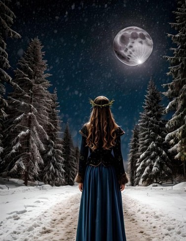 femeie elf imbracata in negru care sta pe o poteca inzapezita in padure si priveste la luna plina