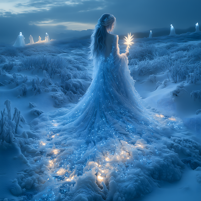 femeie craiasa a zapezii in rochie alba sta pe o suprafata cu zapada