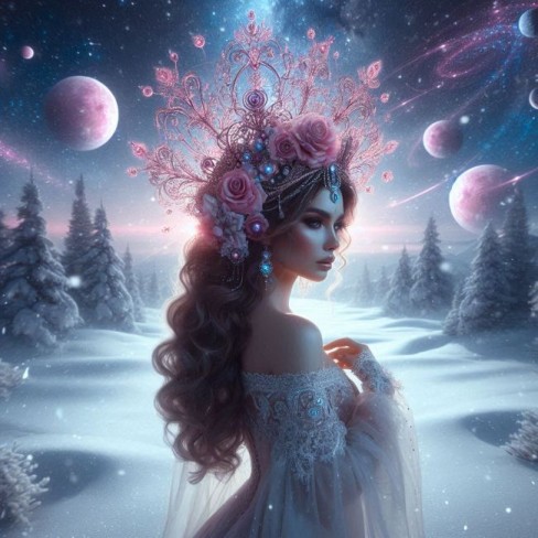 fata frumoasa cu par saten care sta in mediu cu zapada si cu planete roz pe cer
