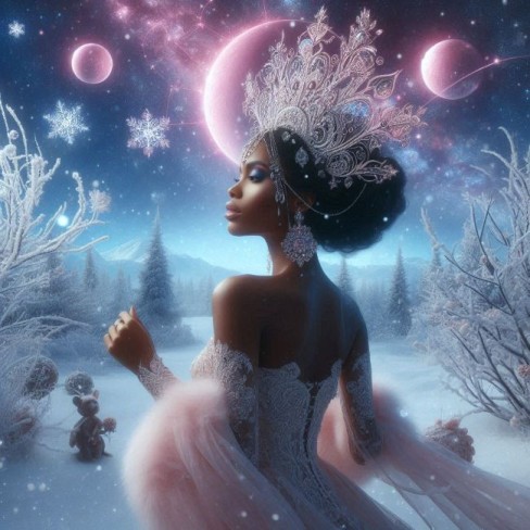 fata de culoare cu coroana care sta in mediu cu zapada si cu planete roz pe cer