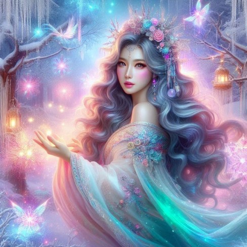 femeie frumoasa in decor de iarna cu plete lungi si rochie vaporoasa