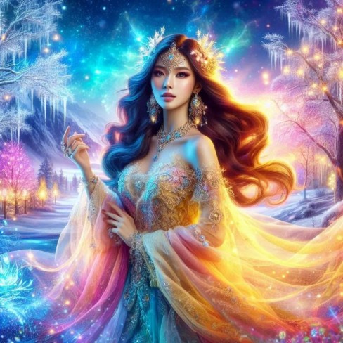 fata frumoasa cu par lung in decor mistic de iarna