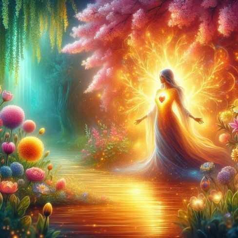 femeie frumoasa care paseste langa un rau auriu printre copaci de primavara