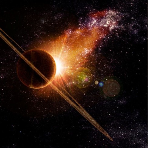 imagine cu o planeta care are multi sateliti s lumina unei stele stralucitoare