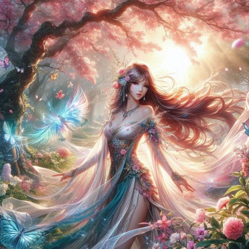 fata frumoasa cu parul lung care paseste printr-un decor primaveratic