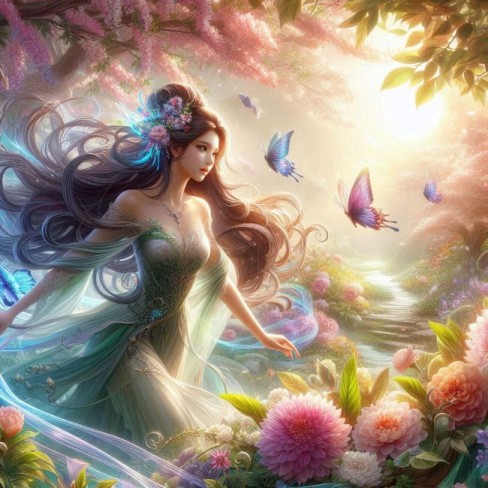 fata frumoasa inconjurata de flori si fluturi