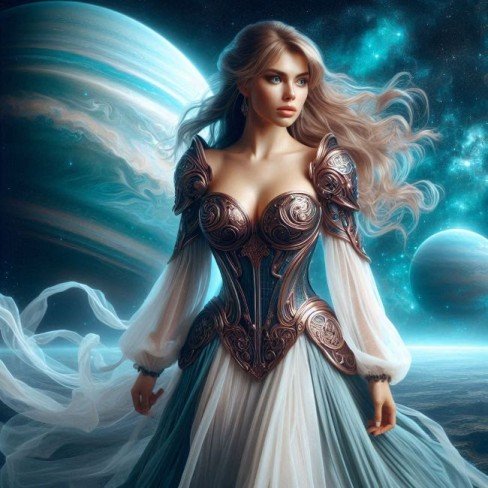 femeie in rochie si in armura de razboinic cu planeta Neptun in spate