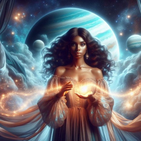 femeie frumoasa si bruneta care face magie in fata planetei Neptun