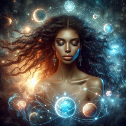 femeie de culoare care priveste speriata spre planete in jurul ei cu energii mgice