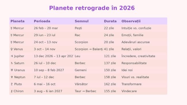 tabel roz pastel cu perioadele de retrograd din 2026