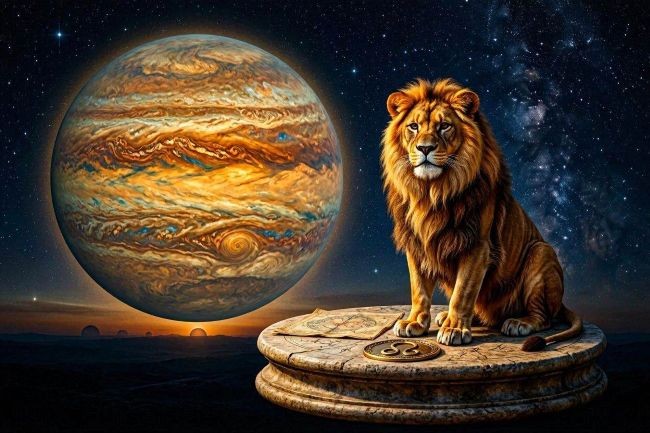 imagine cu un leu pe o stanca si planeta jupiter pe cer