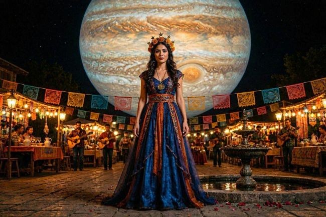 femeie imbracata costum popular mexican cu planeta jupiter pe cer