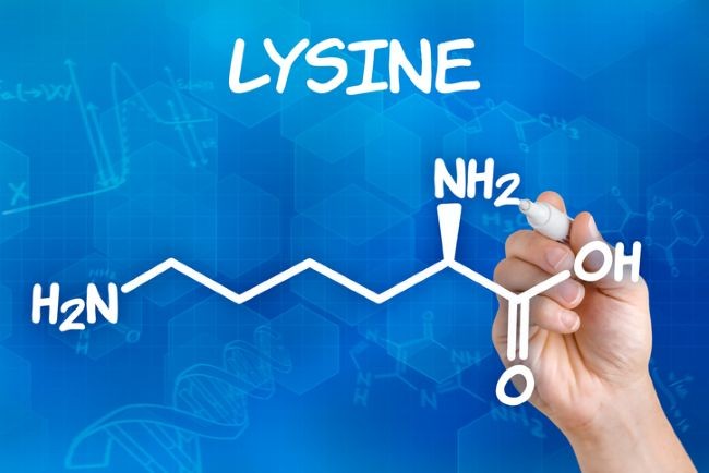 desen cu structura moleculara a lizinei pe funsal albastru