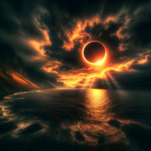 ilustratie cu o eclipsa pe un cer intunecat reflectata pe o apa