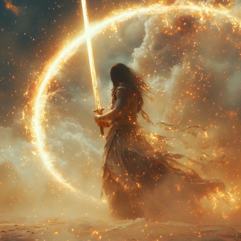imagine cu o fata care tine in mana o sabie si luna noua pe cer