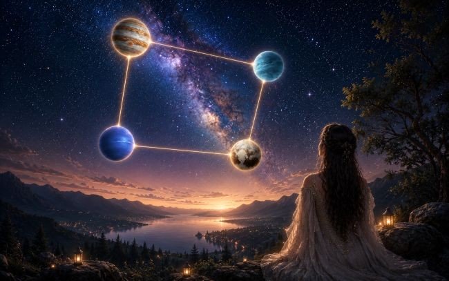 femeie cu spatele care priveste pe cer planetele jupiter, uranus, pluto si neptun pozitionate pe cer