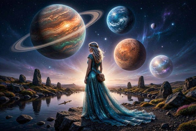 femeie frumoasa imbracata in rochie care se uita pe cer la femeie cu spatele care priveste pe cer planetele jupiter, uranus, pluto si neptun pozitionate pe cer