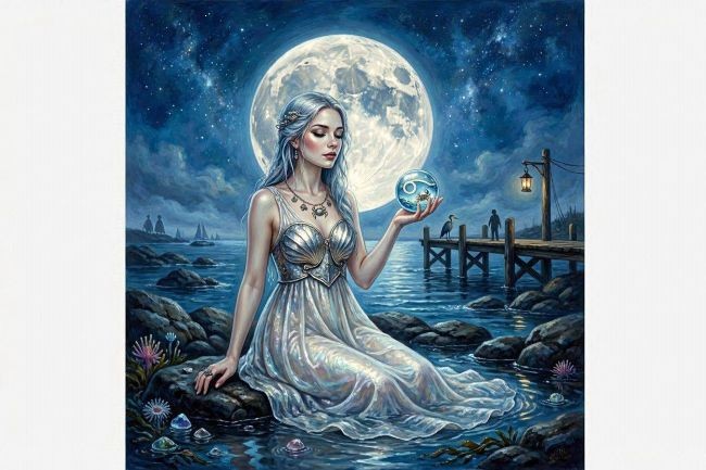 fata frumoasa si blonda cu rochie alba si luna in spate
