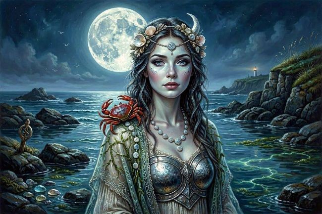 femeie frumoasa cu o apa in spate si luna mare cu semnul racului