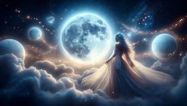 fata frumoasa cu parul alb care sta pe nori si priveste la luna plina