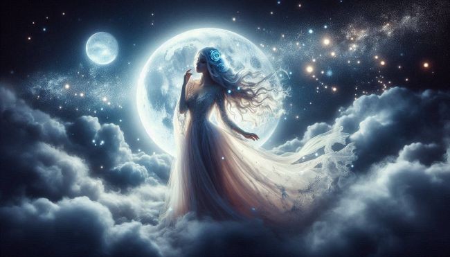 fata frumoasa cu parul alb aflata in cer printre nodurile lunare