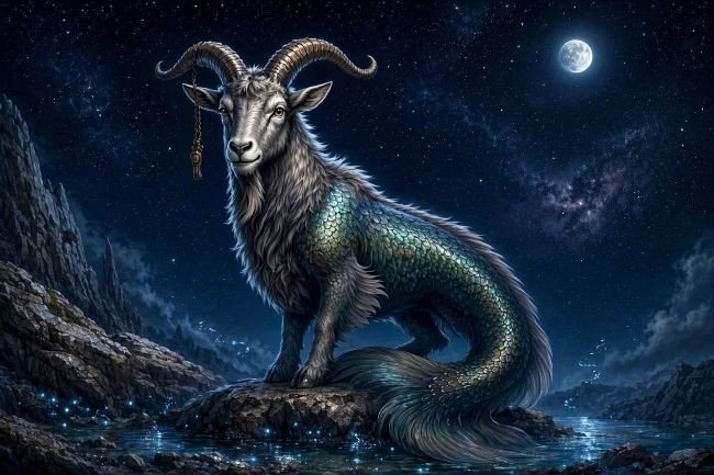 imagine cu zodia capricorn pe o stanca, cu cerul intunecat in spate