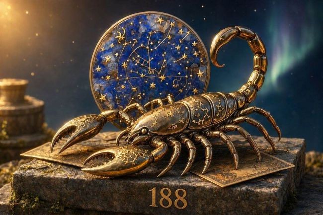 scorpion desenat in ambient cu negru si auriu cu numarul 188